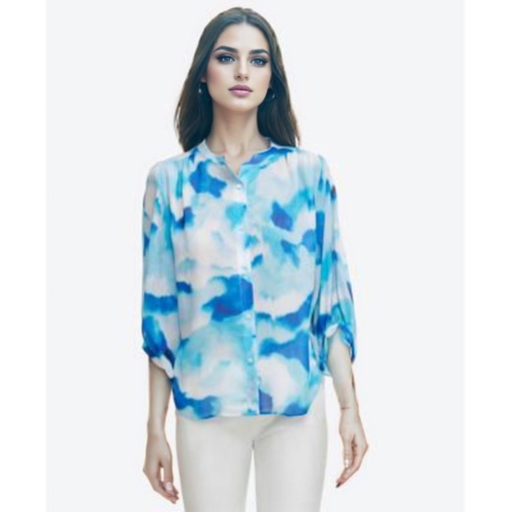 Calvin‎ Klein Top Womens Large Blue Button Up Blouse Long Sleeve Chiffon Flowy